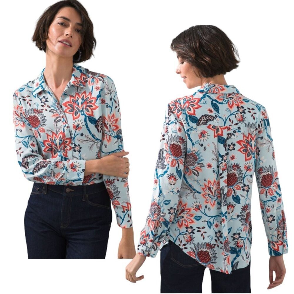Chico's‎ Sand Wash Satin Floral Tropical Print Shirt Button Up Size 2 US 12/14